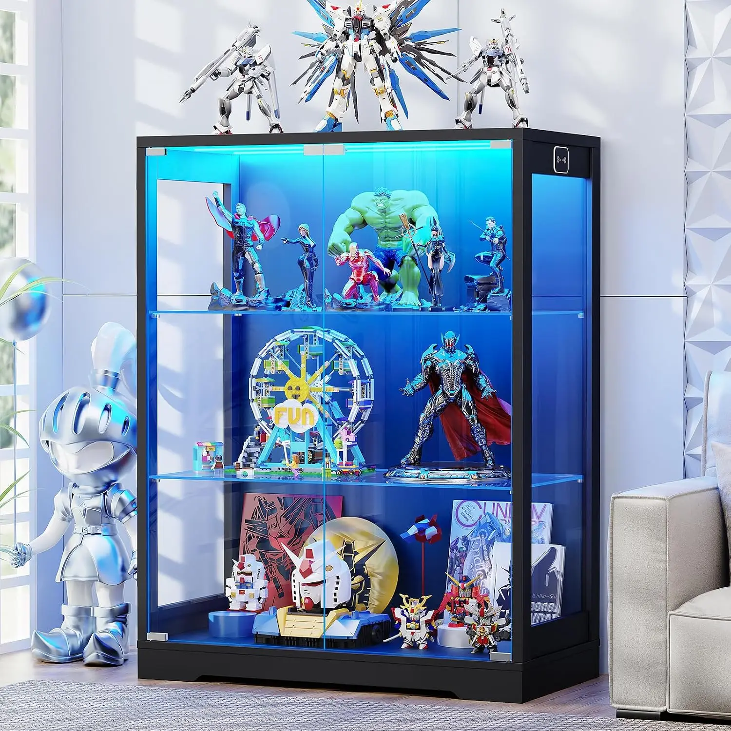 417 Inch Black Display Cabinet Glass Doors 3 Color LED Lights Adjustable Glass Shelves Motion Sensor 3 Tier Curio Collectibles L