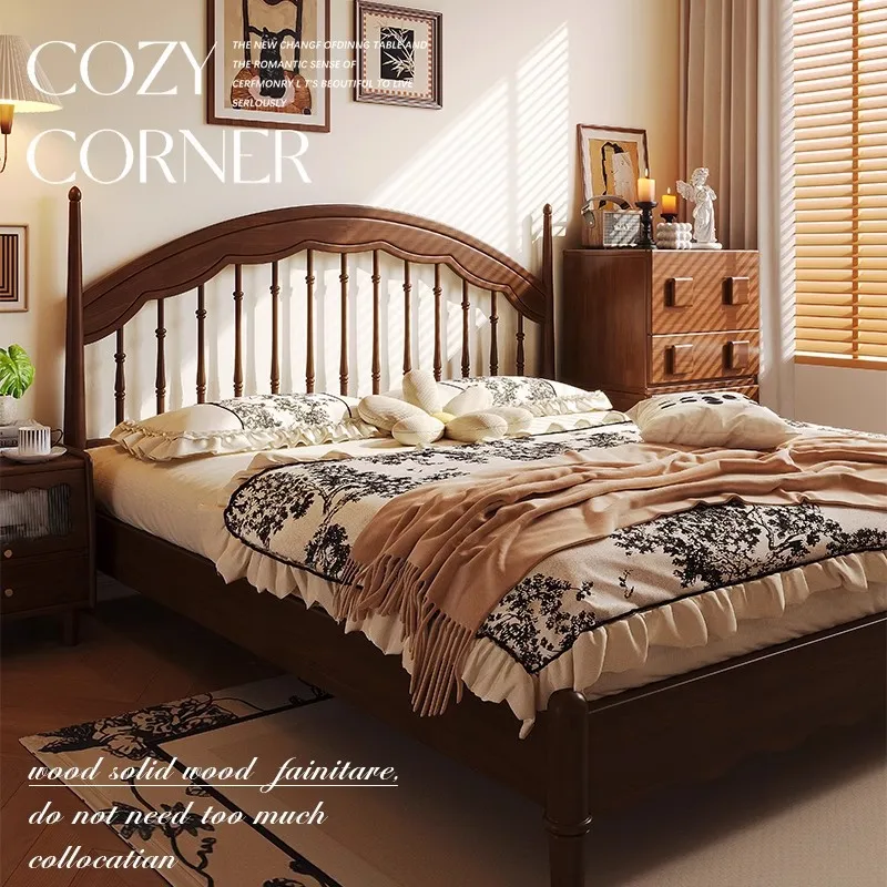 Rubber wood full solid wood bed modern simple retro harp turning table bed double bed