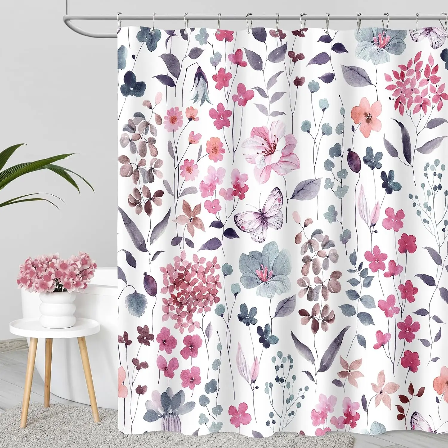 Waterproof Boho Floral Botanical Watercolor Shower Curtain Liner Bathroom Decor Pink Nature Pattern