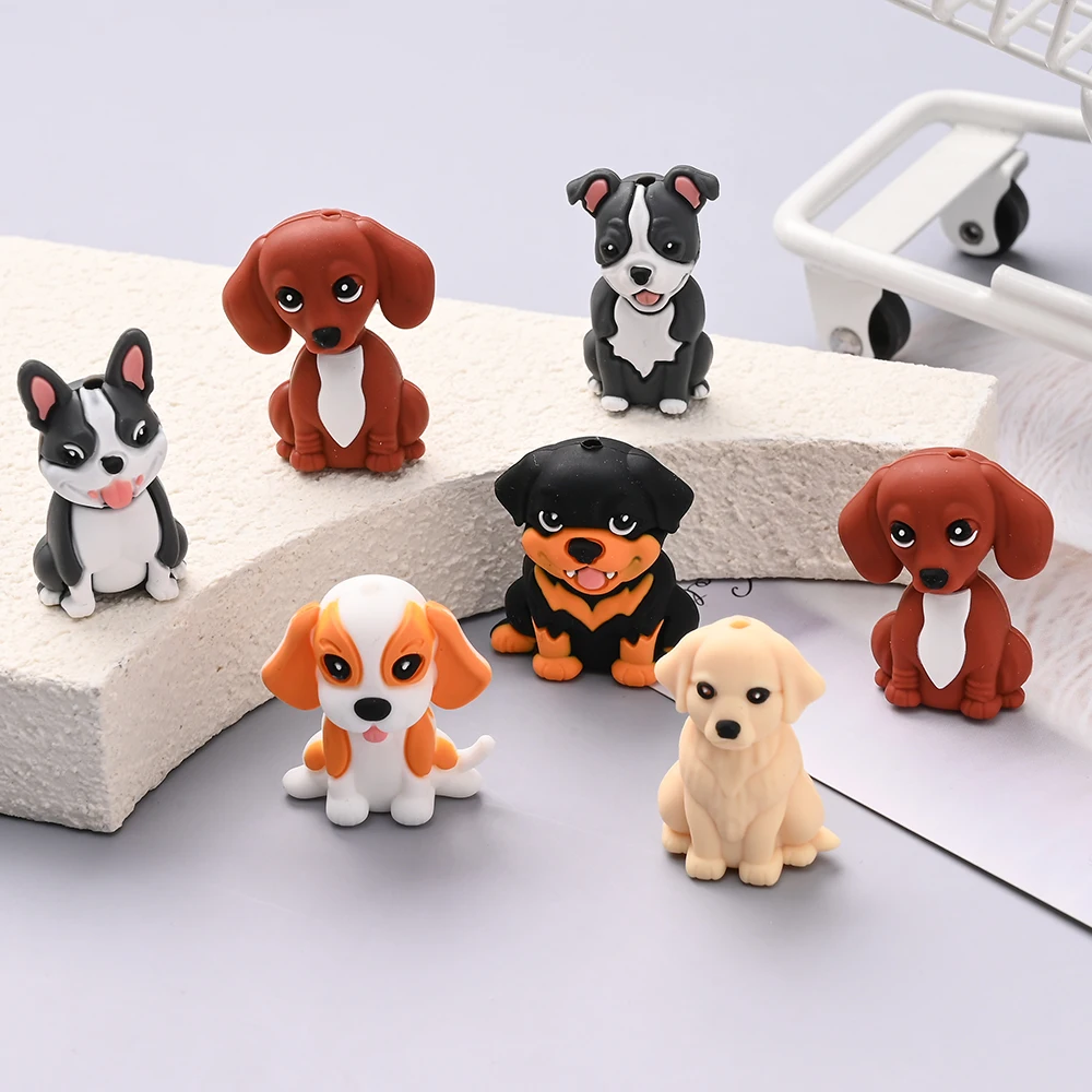 6pcs Cute Dog Series Silicone Beads For Handmade Pacifier Chain Beaded Pen Keychain Jewelry Making Accessories