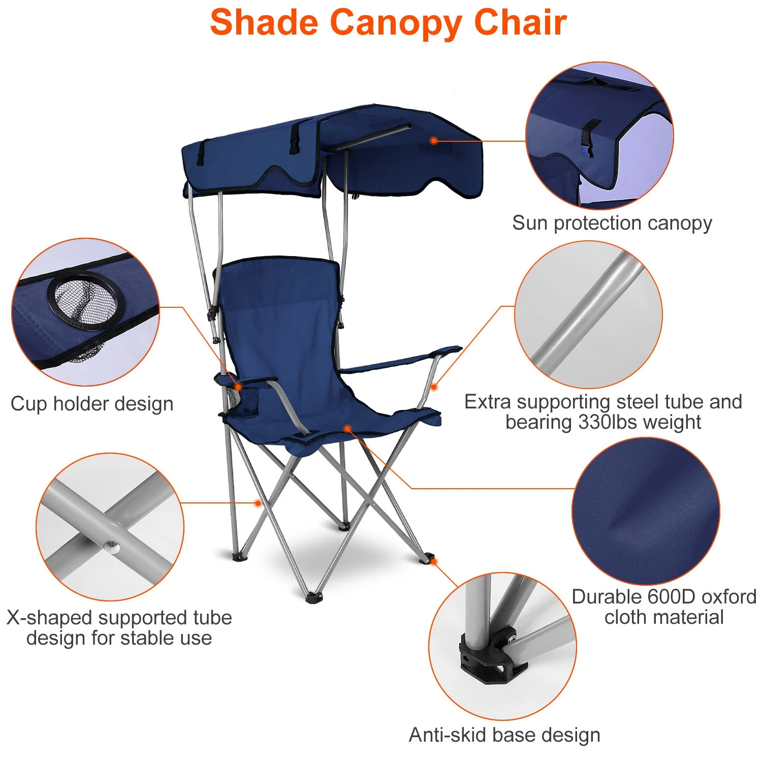 

Folding Beach Chair with Canopy Sun Shade 330LBS Heavy Duty Chair for Outdoor Camping Travel Picnic