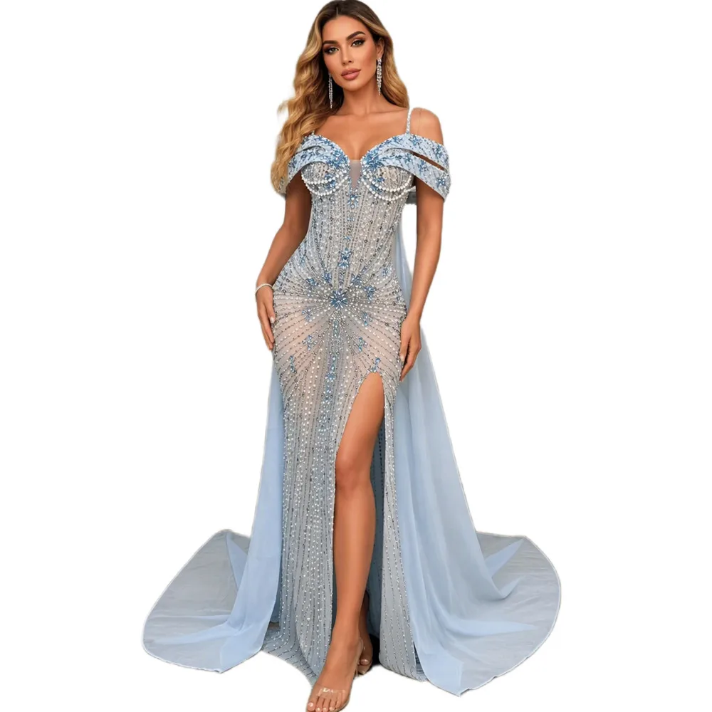 Luxury Pearls Rhinestone Birthday Evening Banquet Mermaid Long Dress Women Red Carpet Cocktail Pageant Gown Party Stage Outfit