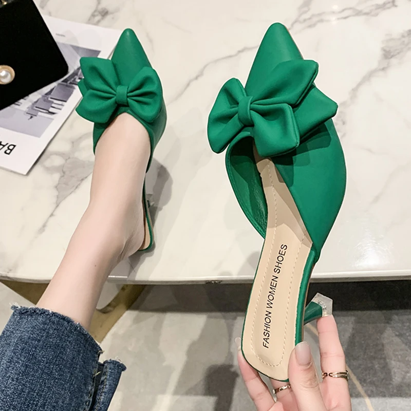 Summer Bow Thin Heel Mules Shoes Women 2024 Street Green Heeled Slippers Women Sandals Korean Sexy Elegant Pointed Toe Chic Shoe