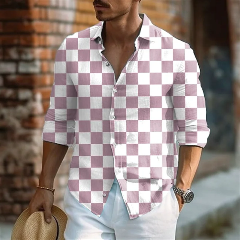 Camisa xadrez manga longa masculina, roupa social, lapela casual, botões vintage, blusas de praia havaianas, nova, verão