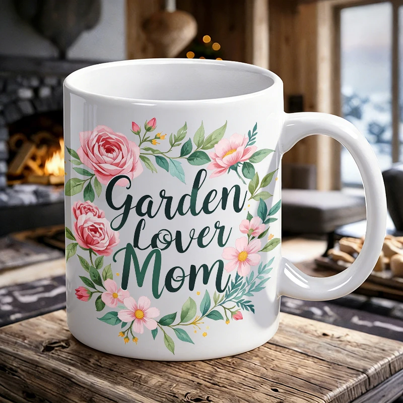 

Garden-Inspired Mom's Delight A Floral Wreath Key Button Pattern Mug Coffee Cup Ceramic Cup with Mother's Day print