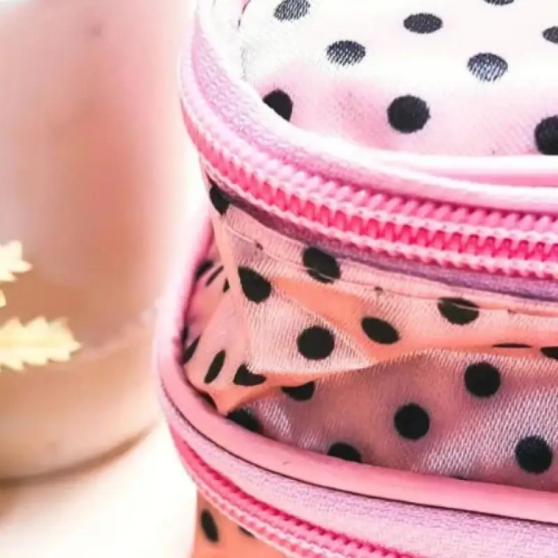 

Double Layer Polka Dot Travel Makeup Bag with Handle & Brush Organizer for Women
