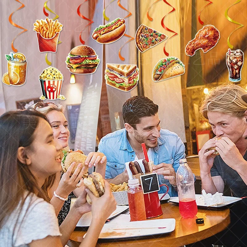 10pcs Fast Food Theme Birthday Spiral Hangings,Coke Chicken Legs Fries Burger Pizza Spiral Pendant