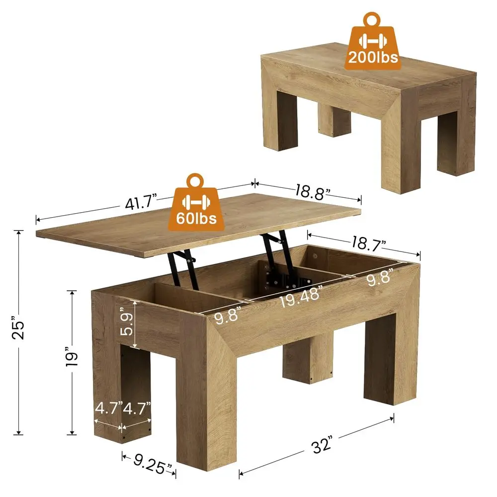 

41.7 Lift Top Coffee Table, Wooden Rectangle Coffee Table with Hidden Storage, Large Center Table Adjustable Height Sofa Table