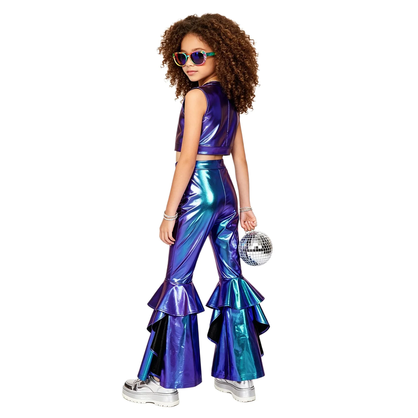 Kids Girls Metallic Shiny Disco Party Costume Sleeveless Crop Top Vest with Flare Pants for Hip Hop Jazz Dance Stage Performance