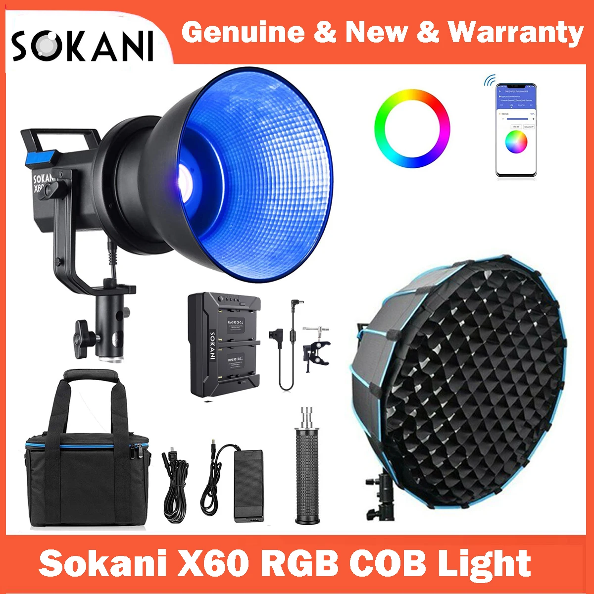 Sokani X60 RGB 80W LED Video Light APP Control Bowens Mount Lighting for Photography Video Recording Wedding Outdoor Shooting