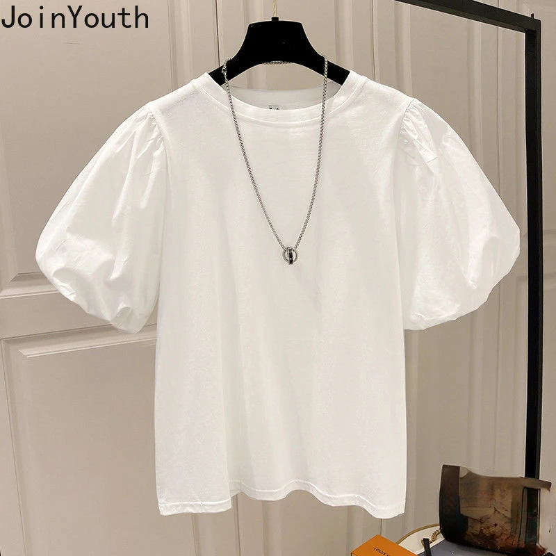 Cotton Shirts for Women Summer Tshirts O-neck Puff Sleeve Casual Tees Fashion Korean White T Shirt Tops 2023 Ropa Mujer 27n404