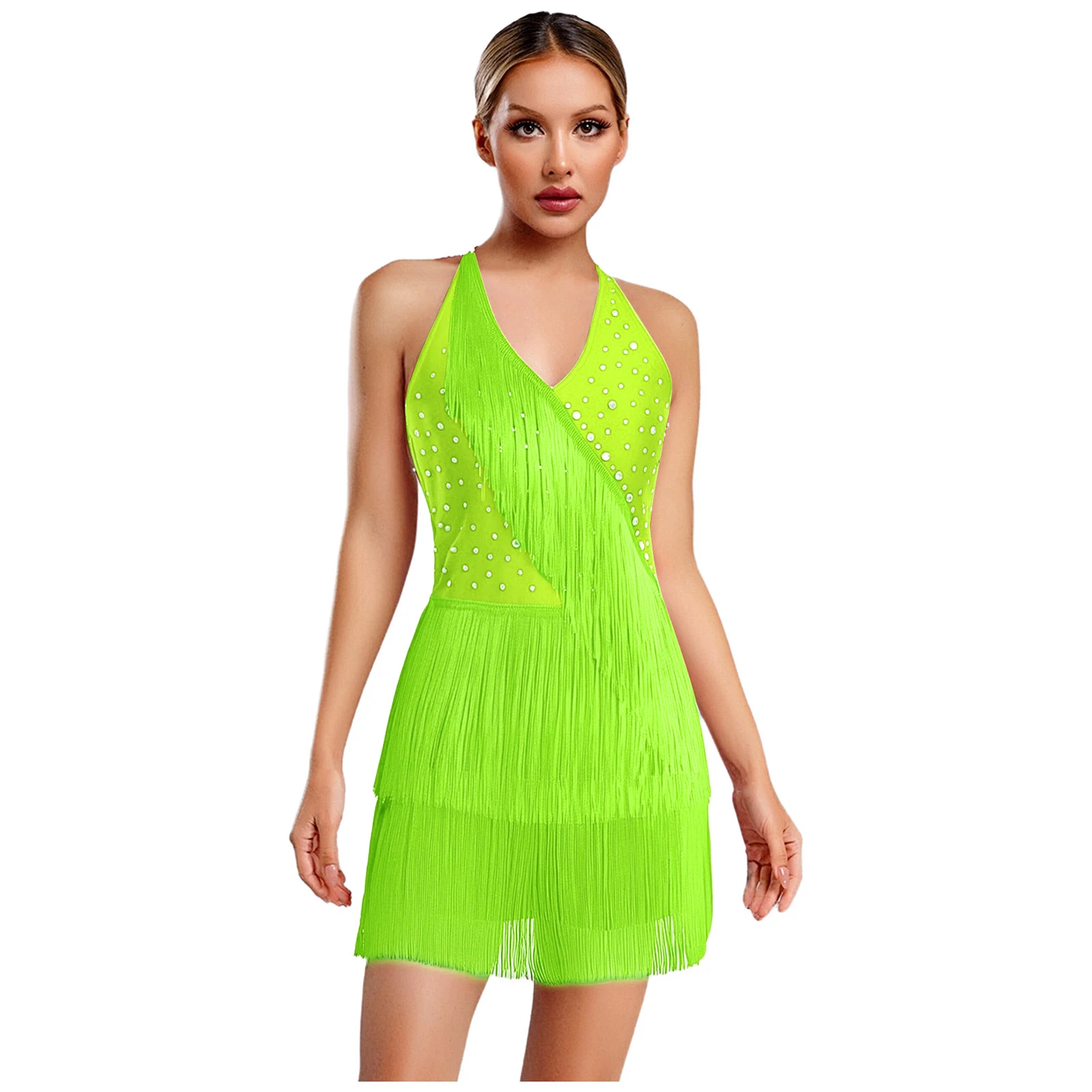 Vestido de baile latino para mujer, mono de baile sin mangas con cuello Halter y diamantes de imitación, mono de baile con tiras en la espalda para Jazz, Tango y Salsa