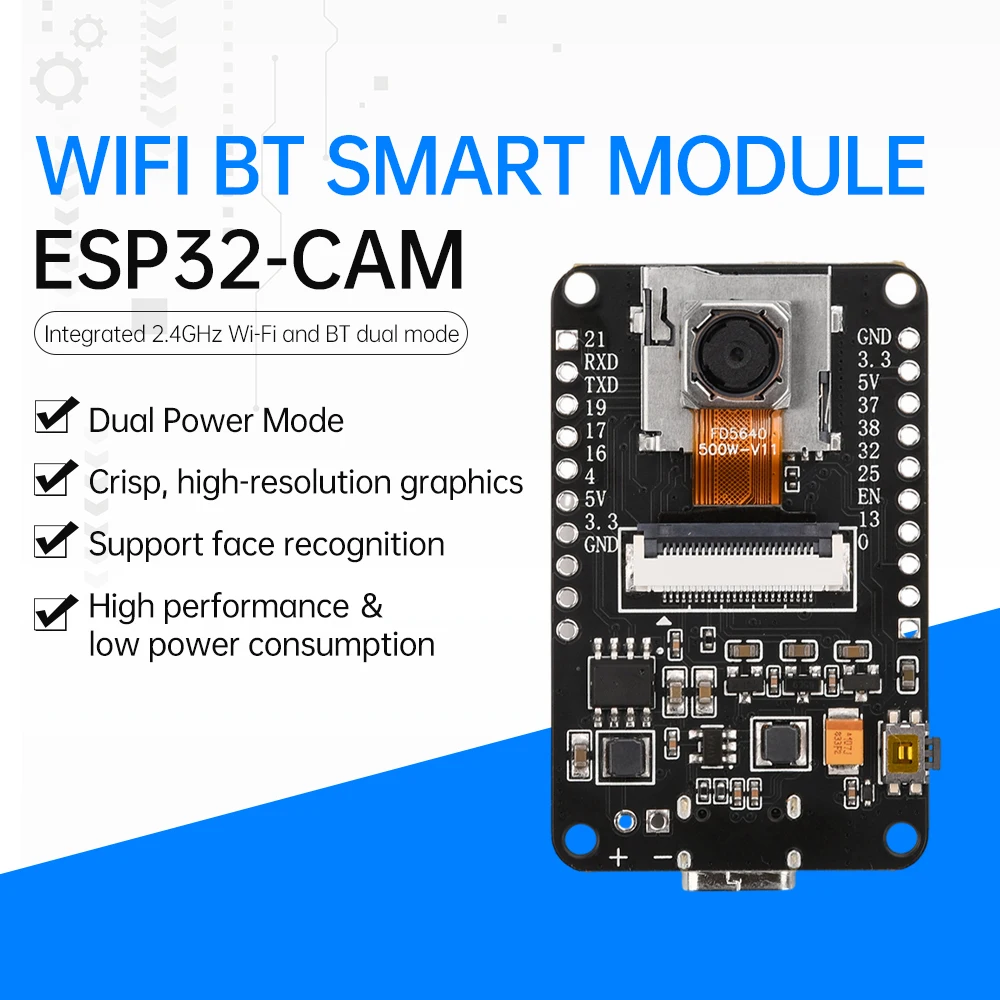 

Макетная плата ESP32-CAM, низкая мощность, высокая передача, Wi-Fi, Bluetooth-модуль Type-C CH340X OV5640, AF-72 мм, камера, 500 Вт, пиксель
