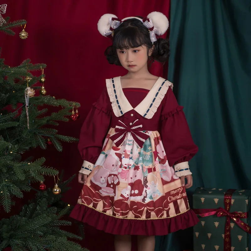 Lolita vestidos de uma peça bebê meninas kawaii natal miads princesa doce vestido vermelho japonês harajuku bonito cosplay traje vestido