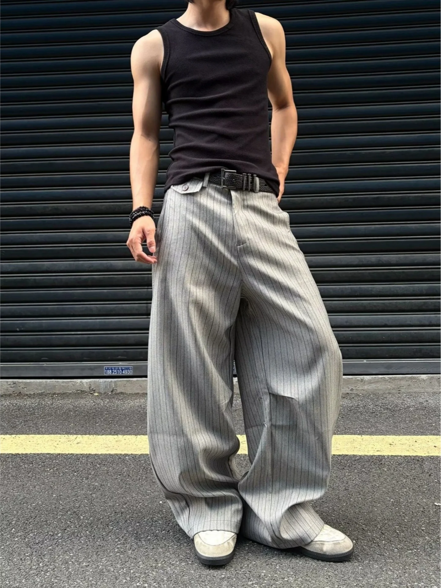 American Grey Vertical Stripe Wide Leg West Pants Men Women High Relaxing Loose Fit Retro Casual Long Trousers