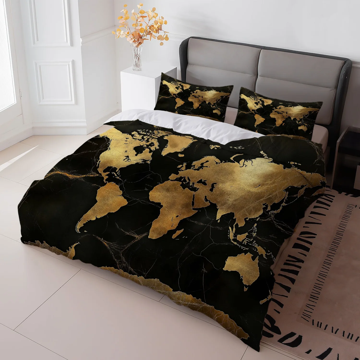 3Pcs Black Golden World Map Duvet Cover Set, Luxury Polyester Bedding with Pillowcases, Zipper Closure All Season for Modern Bed view 5