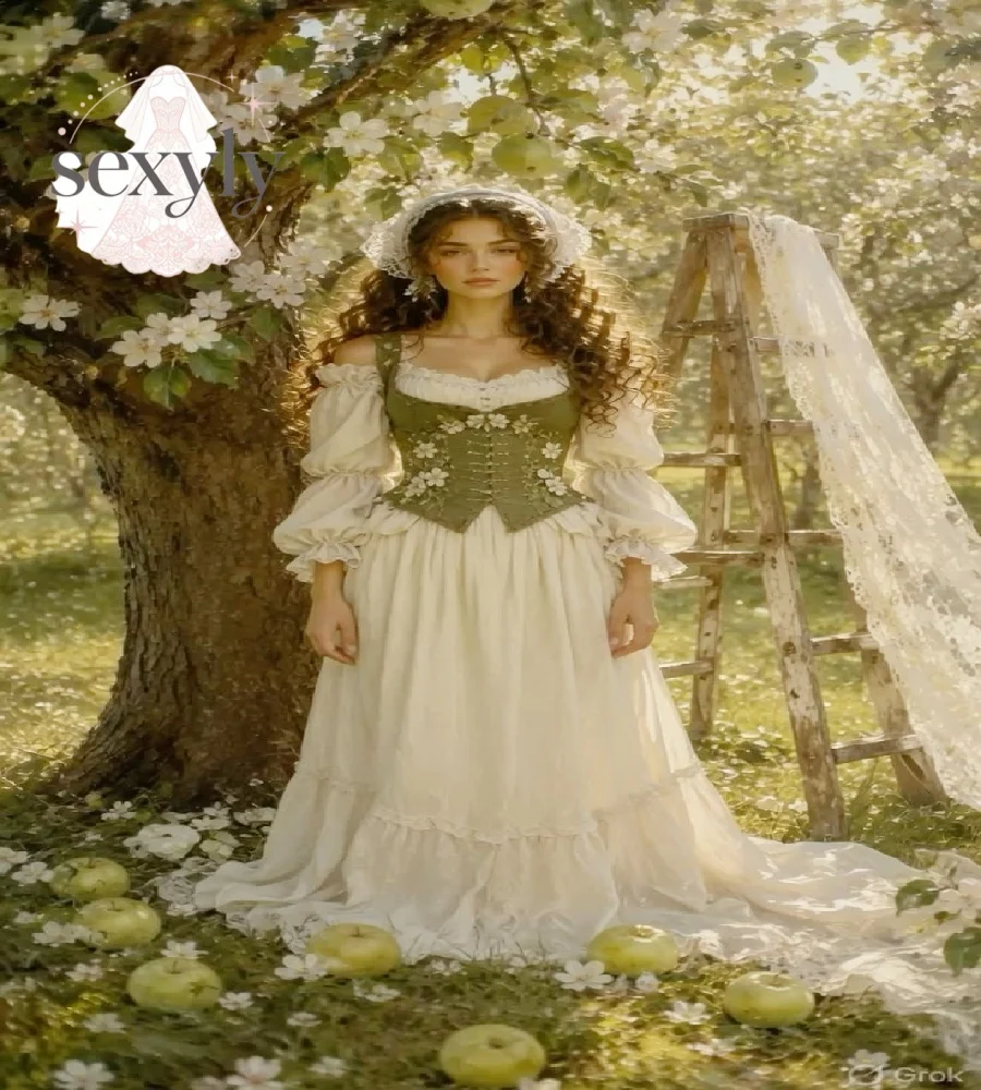 Vintage Renaissance Green Evening Dress 2026 Cottagecore Puff Sleeve Maxi Victorian Prom Gown Farmhouse Peasant Fairycore Party