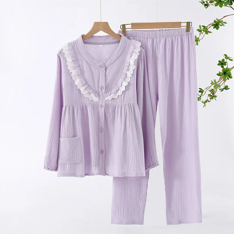 Cotton Crepe Pajamas Women Kawaii Purple Pijamas Japanese Style Sleepwear Pyjamas 2Pcs Set Thin Homewear Cardigan Loungewear