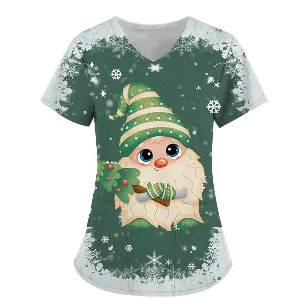 Women's Nurse Work Suit Fashion Clothing Christmas Series Snowman 3D Printing V-neck T-shirt Pocket Women's Short Sleeve Top