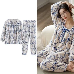 Winter Flannel Elegant Women Cartoon Sleepwear Girls Pajamas Pajama Sets Nightwear Coral Fleece Pijamas Mujer Homewear Fashion