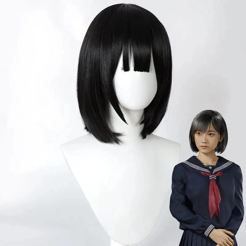 لعبة SILENT HILL F Shimizu Hinako شعر مستعار تأثيري المرأة السوداء بوب حلاقة الشعر مقاومة للحرارة شعر مستعار اصطناعي دعامة حفلة الهالوين