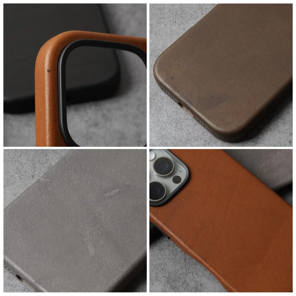 YMW Magnetic Scars Genuine Leather Case for iPhone 16 Pro Max 15 14 Personality Horsehide Magnetic Phone Cover