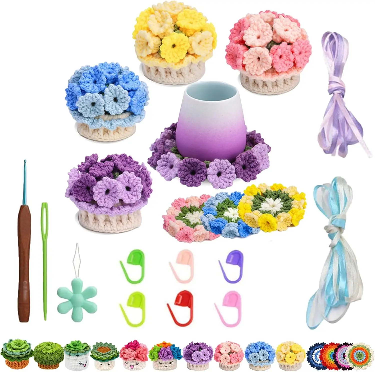 

Handmade DIY Coasters 3D Flower Crochet Coaster Flower Knitted Cup Mats Crochet Kit for Beginners Easy To Operate