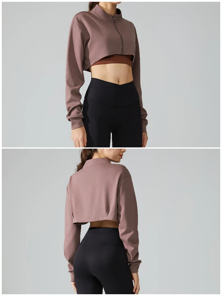 VITALINOVO Damen-Cardigan-Jacke mit Reißverschluss, langärmlig, kurzes Sweatshirt für Yoga, Workout, Laufen, Fitness, Cut-Out-Shirts, Oberteil – Detail 9