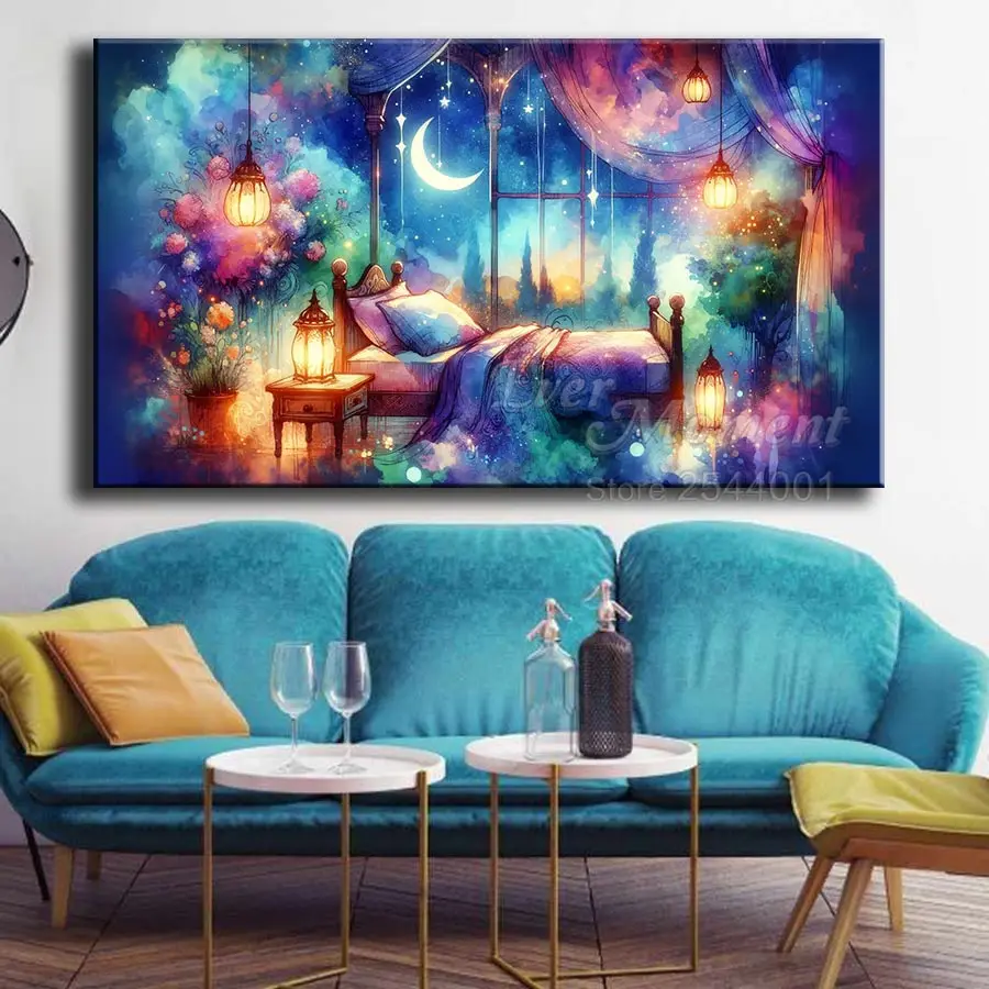 Ever Moment Diamond Painting Cozy Bedroom with Lamp Under Moon DIY Diamond Painting for House Decor ASF3029 view 2