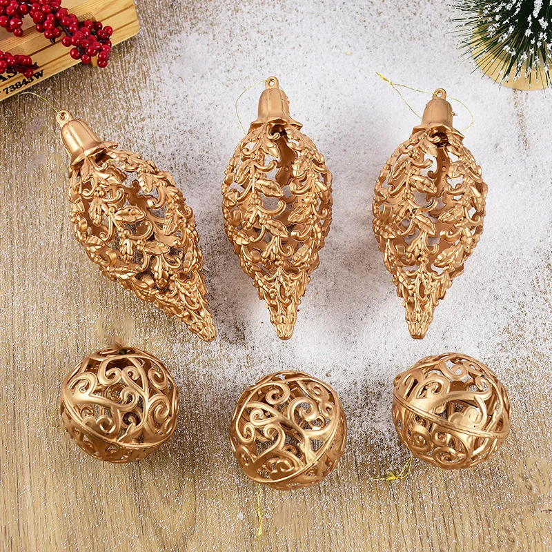 4/8pcs Christmas Gold Hollowed Out Pentagram Pumpkin Ball Pendant Creative Plastics Electroplating Christmas Ball Set Box Gift