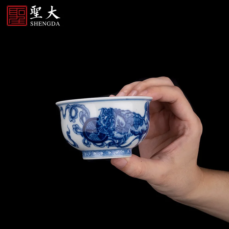 |blue and white maintain the lion as master cup hot kiln jingdezhen pure manual hand-painted kung fu tea sample tea cup