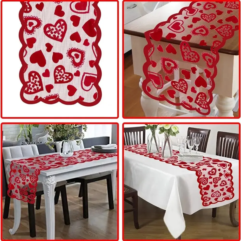 1PC Valentines Day Decor Home Romantic Decorations Heart Shaped Table Runner,Red Lace Table Runner For Wedding Party