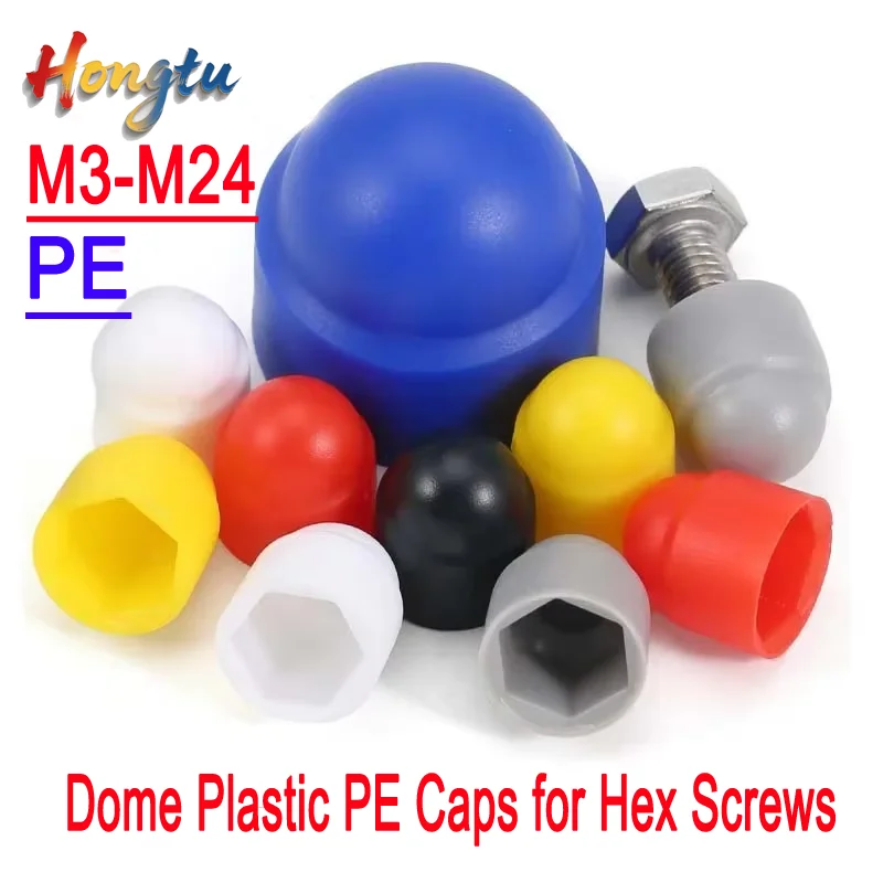 Dome Plastic PE Caps for Hex Screws/Nuts - M3-M24, Black/White/Red/Blue/Yellow/Gray