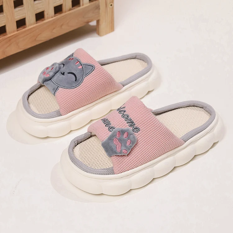 Leinen Casual Hausschuhe Frauen Haus Plattform Niedlichen Cartoon Katze Designer Schuhe Mädchen Flache Mode Elegante Schuhe Indoor Große Größe – Detail 9