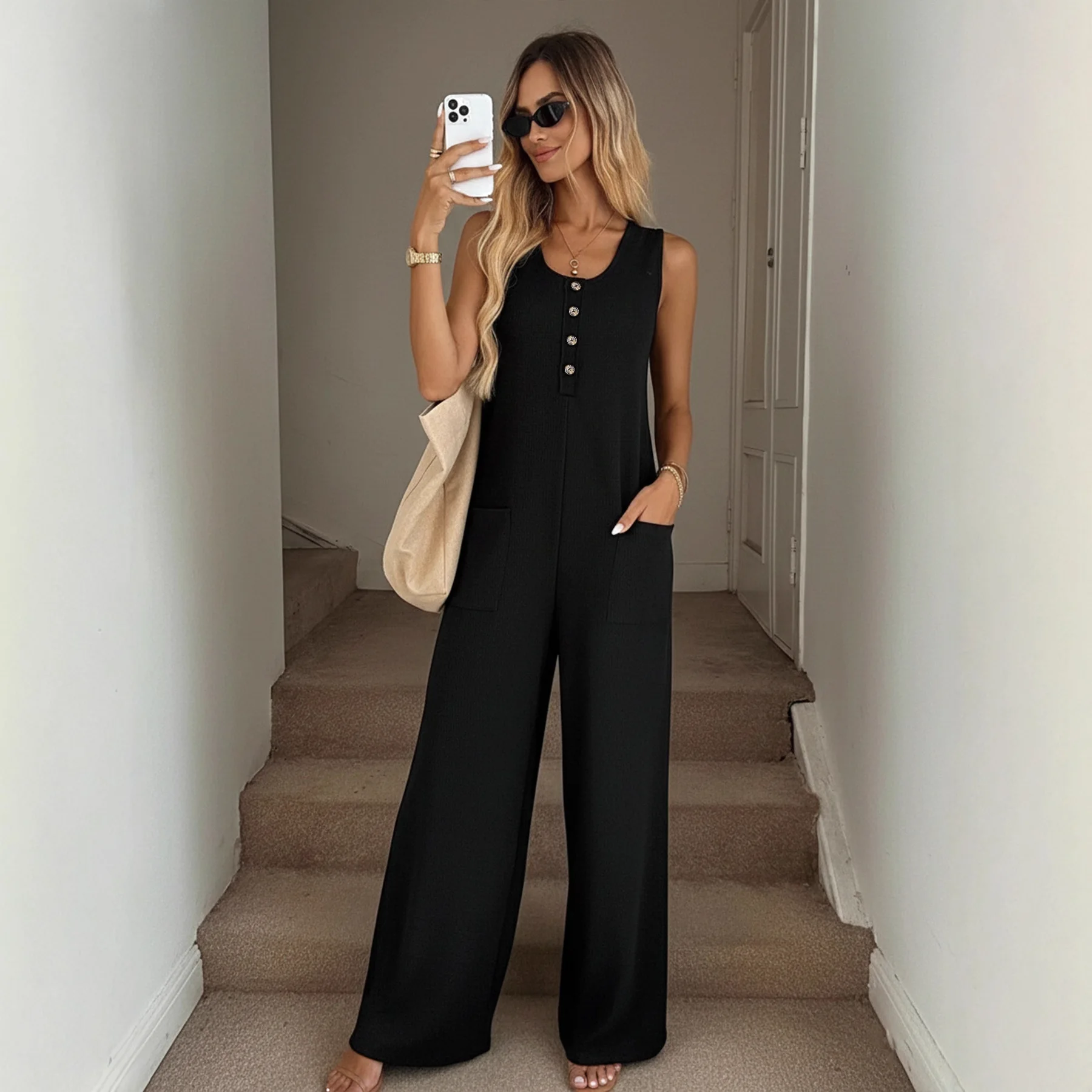 Women's Solid Color Sleeveless Jumpsuit With Round Neck And Button Front High Waist Wide Leg Casual Elegant Fashion Long Romper