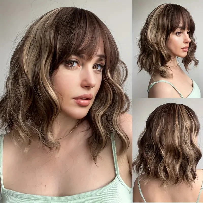 100% Virgin Human Hair Ombre Blonde Brown HD Transparent Lace Front Wigs Short Body Wave Bob With Bangs For Women 2024 New Style