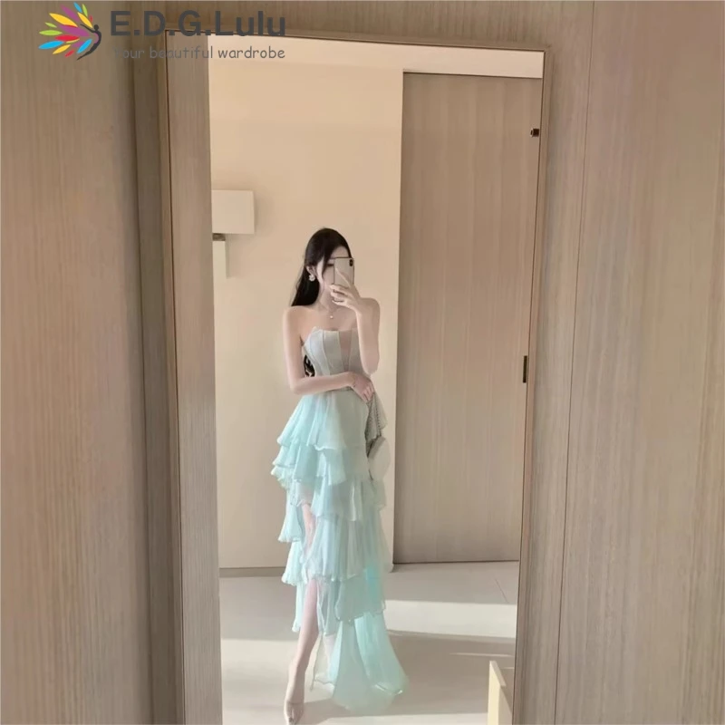 EDGLuLu Sexy Strapless Long Dresses For Women Design Stacked Lotus Leaf Edges Asymmetrical Birthday Party Evening Gown 0303
