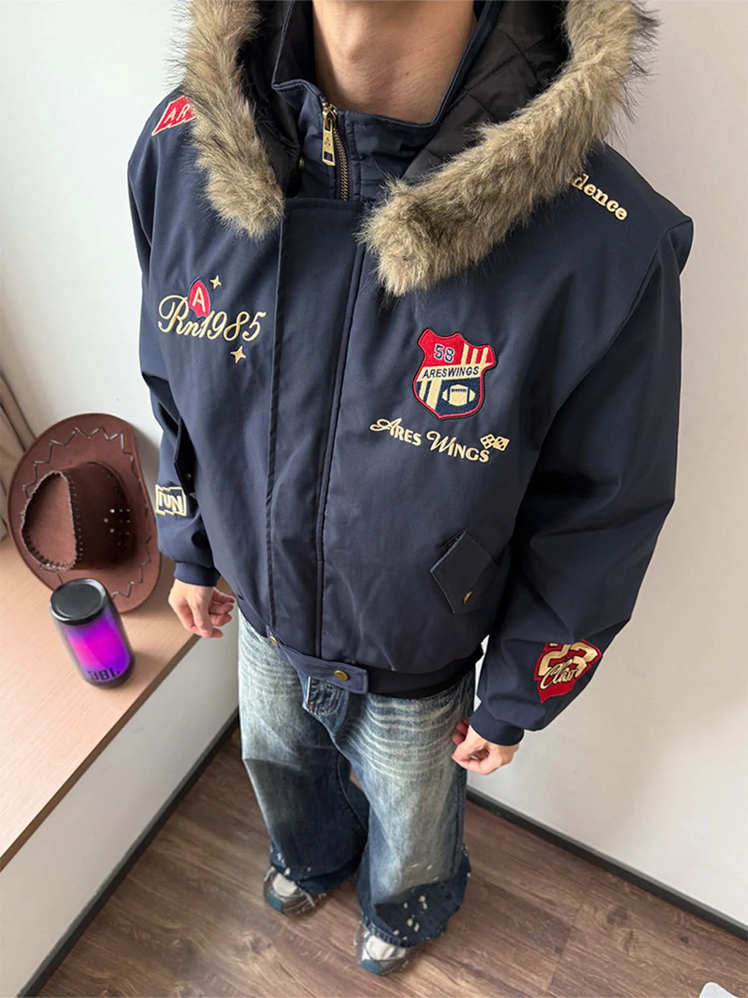 

American Embroidered Bae Plu Collar Mountain Eagle Cotton Jaet Men's Women's Winter ort Thiened Cleanfit Coat