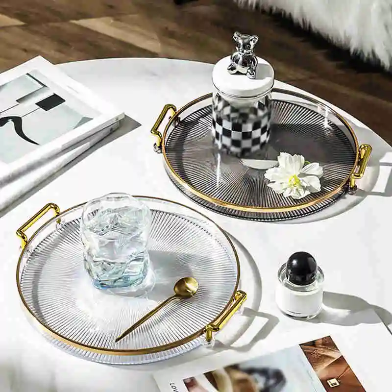 Luxury Storage Tray With Golden Handle Household Tea Dessert Fruit Storage Tray Living Room Kitchen Storage Plate Dinner Plate