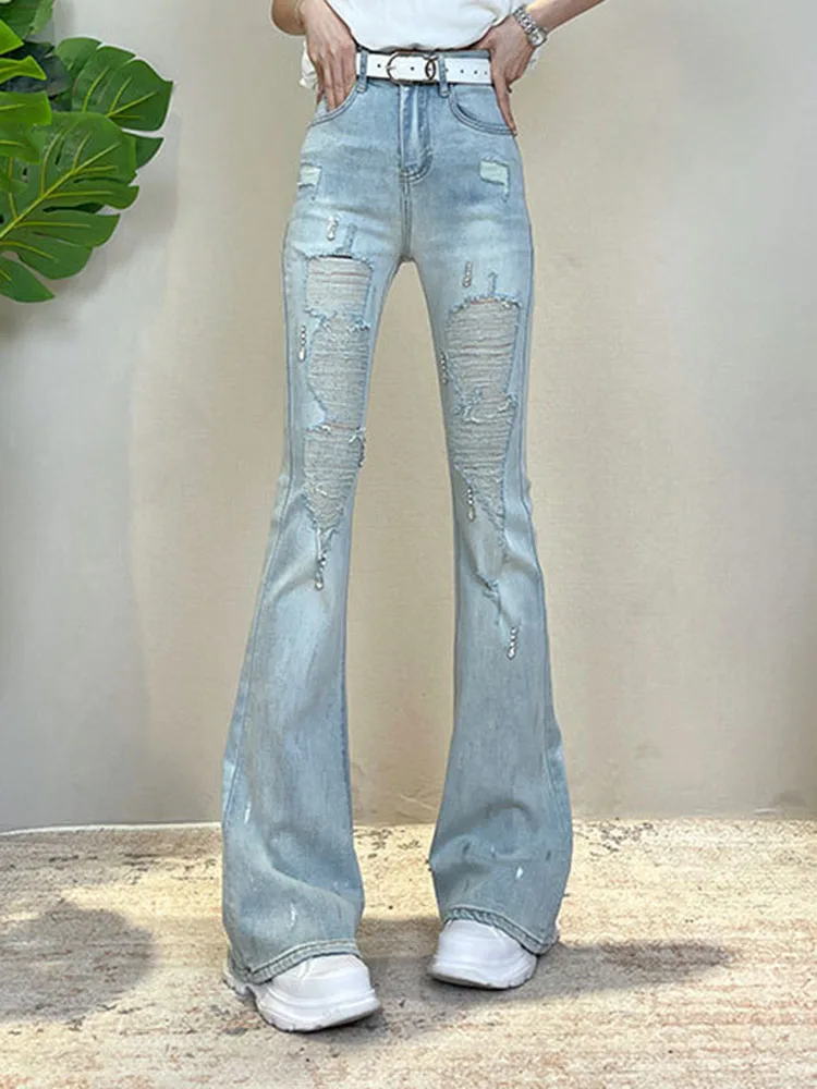 ハイウエストファッションリッピングブーツカットジーンズ女性のカジュアルスリムレトロデニムパンツヴィンテージストリートワイドレッグストレート Vaqueros