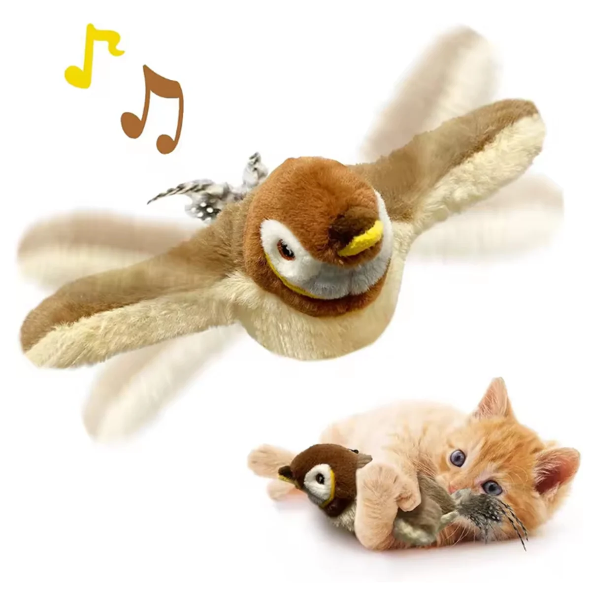 

Cat Toys Flapping Wings Sparrow Chirping Bird Interactive Toy for Kitten or Small Dogs Touch Activated Rechargeable Cat Toy