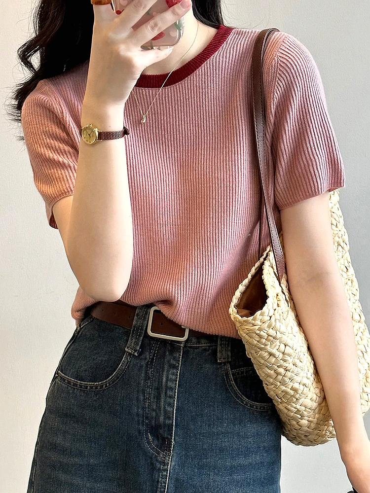 

Women's ort Sve Knitted Sweater Spring New Design Unique round Ne Inner Wear ort Sle Color Blo Sweet Sle