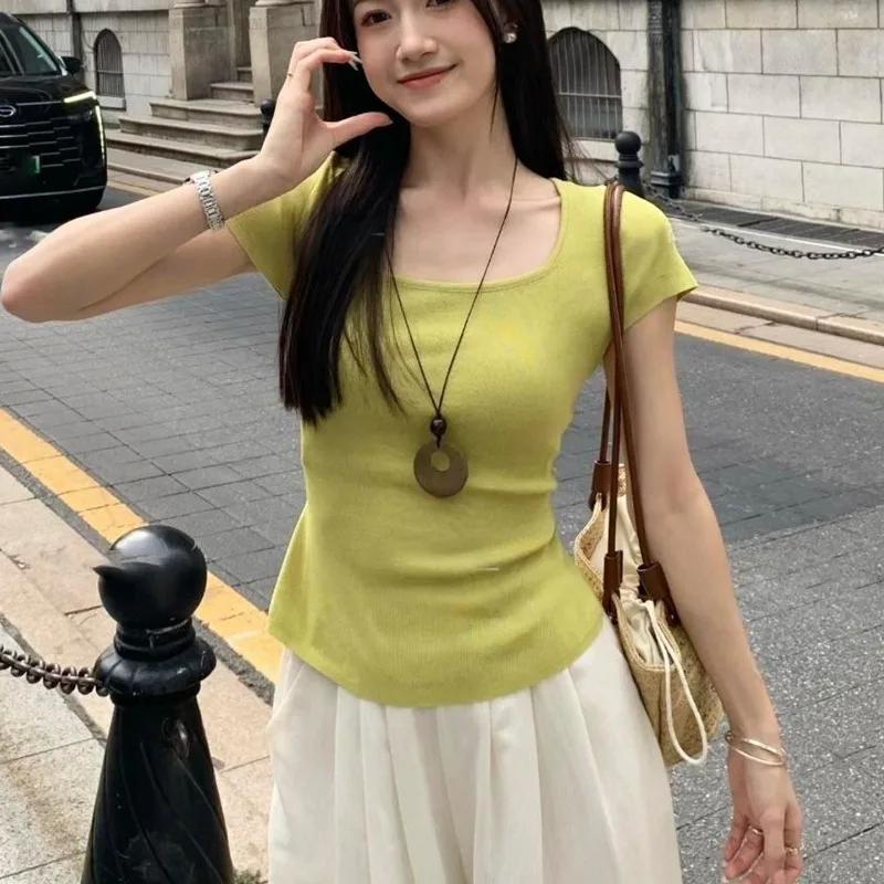 할로우 스퀘어 칼라 반팔 백 스트랩 탑 한국 인기 의류 Y2k Ropa De Mujer 그래픽 T 셔츠 여성 의류