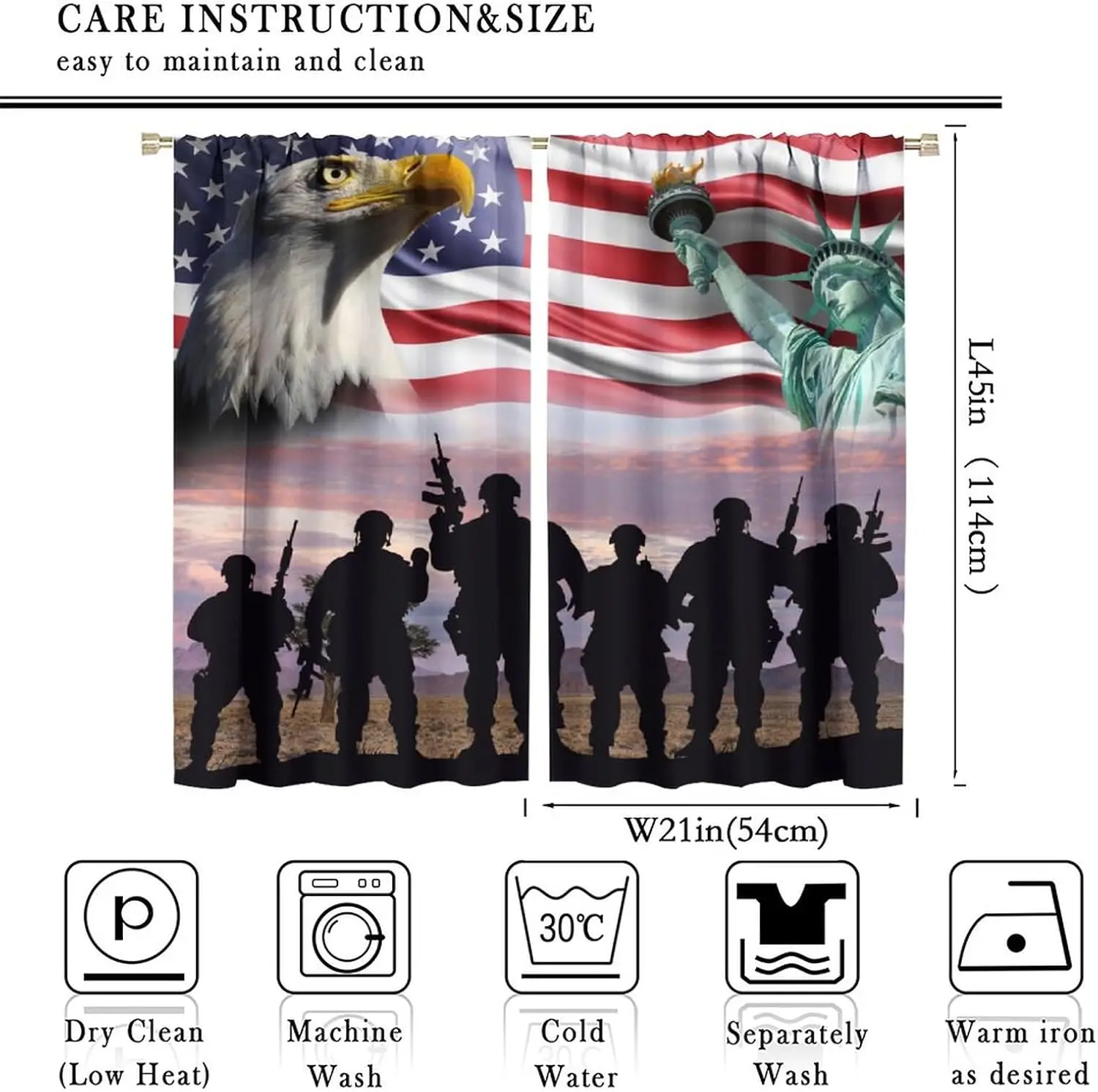 Bald Eagle USA Flag Curtains,American Soldier Silhouettes Independence Day Statue of Liberty Printed Curtains for  2 Panels Set