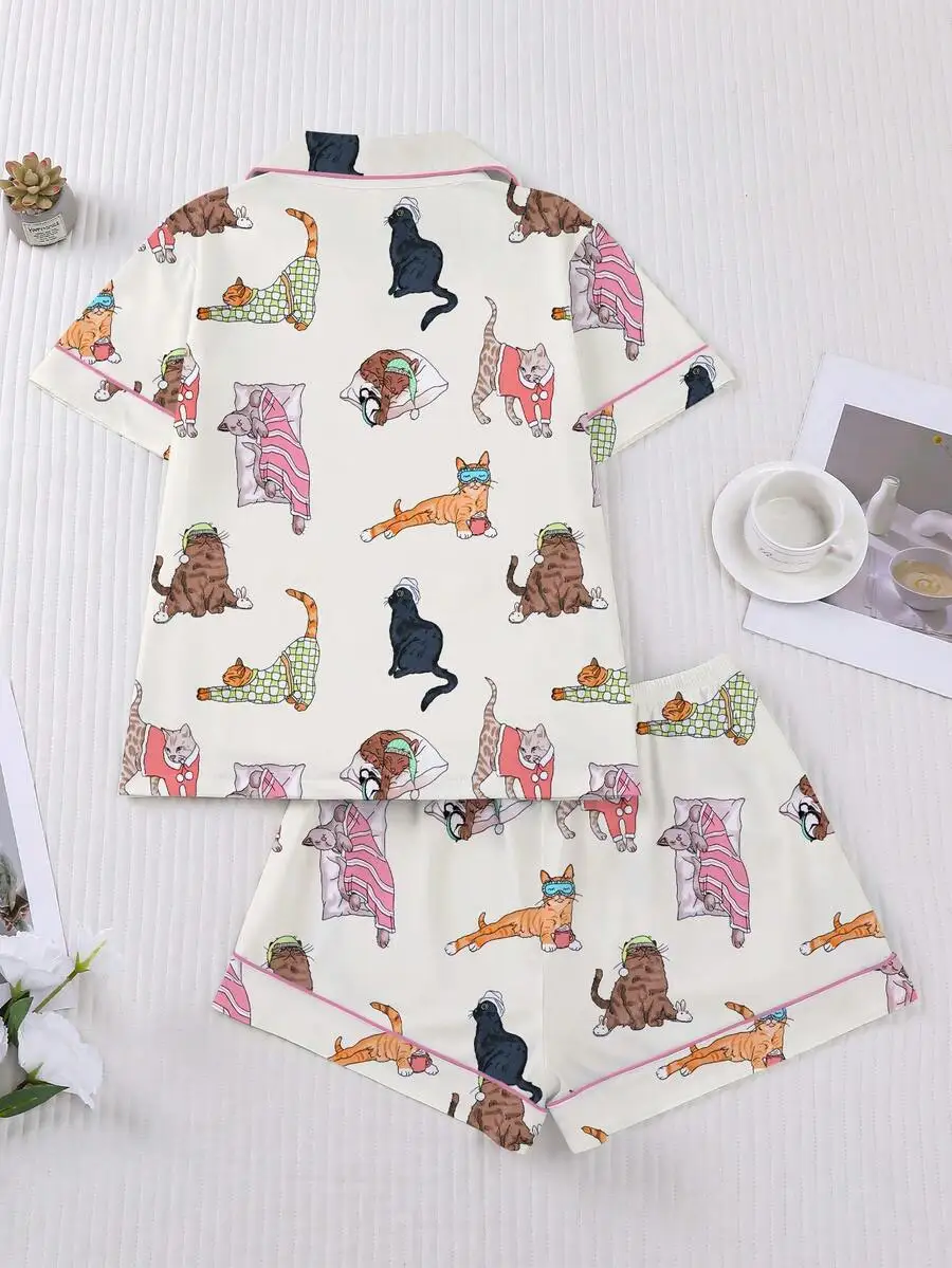 

2-Piece Women Pajama Set Cat Print Short Sleeve Shirt With Collar Elastic Shorts Loungewear