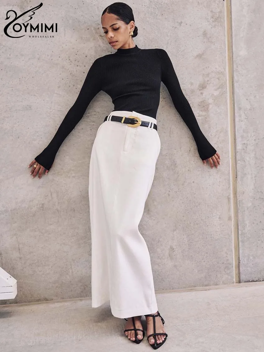 Oymimi Elegant White Simple Skirts For Women Fashion High Waist Straight Skirts Casual New Zipper Ankle-Length Skirt Streetwear