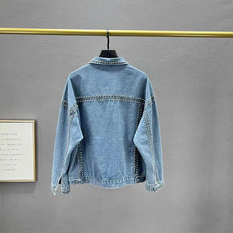 Giacca di jeans con perline con strass per donna Giacche autunnali alla moda High Street Cappotto lucido femminile con risvolto allentato americano