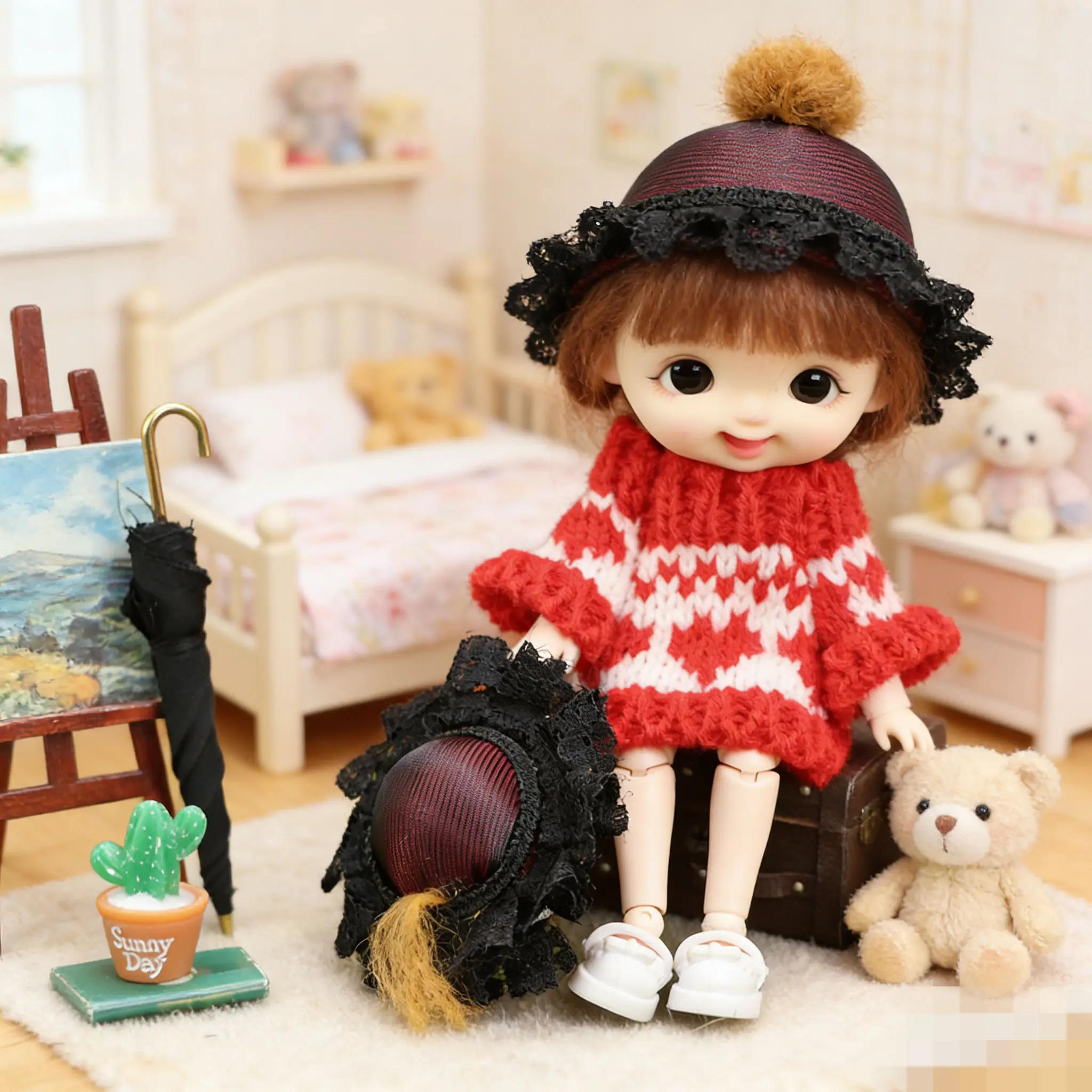 

New Arrival 1:12 Dollhouse Mini Travel Set - Black Hat Umbrella Leather Trunk Props, Tiny Scene Accessories for OB11 Dollhouse