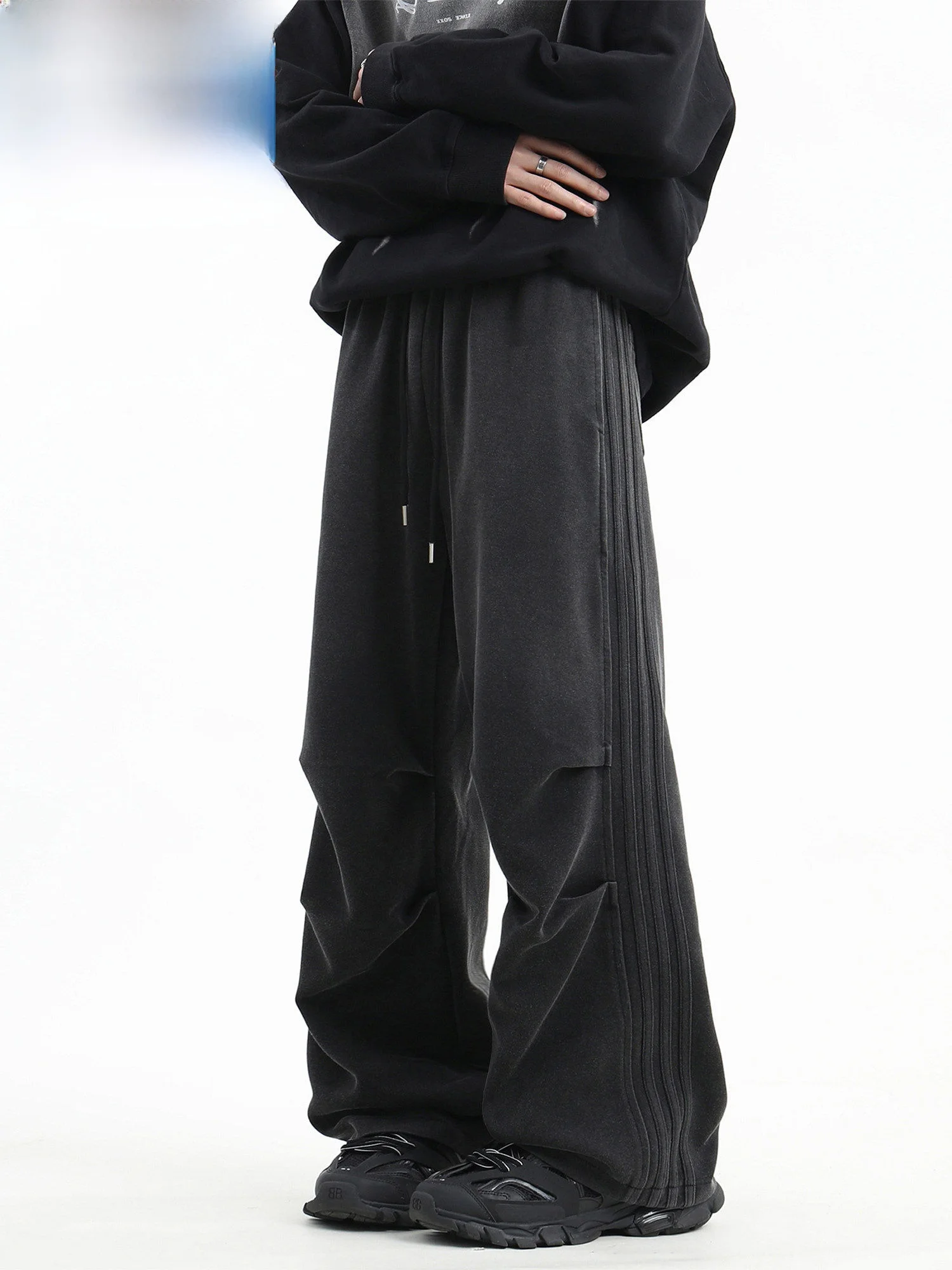 

Paul 2026 Men's Casual Pants Texture Folded Design Wide Leg Sports Straight Tube Elastic Waist Long Trousers Faion Brand