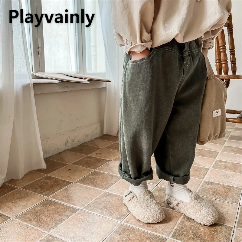 

Girls Korean Style Harem Pant Children Creamy-white Olive Green Elastic Waist Straight Leg Pants Casual Basic Kid Trousers A2521